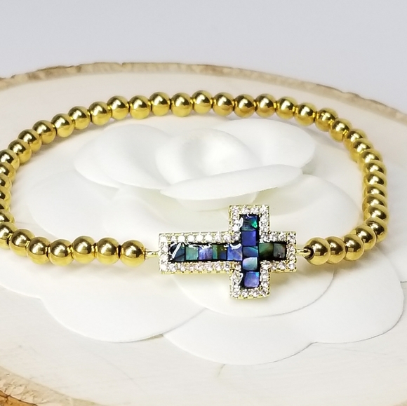 SueSue Jewelry - 18K Gold Stainless Steel Pave CZ Cross Bracelet